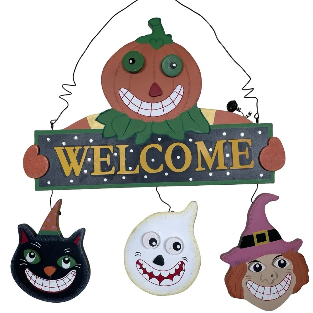 Vintage Halloween Welcome Wood Door Sign Pumpkin Cat Ghost Witch Retro 90s‎